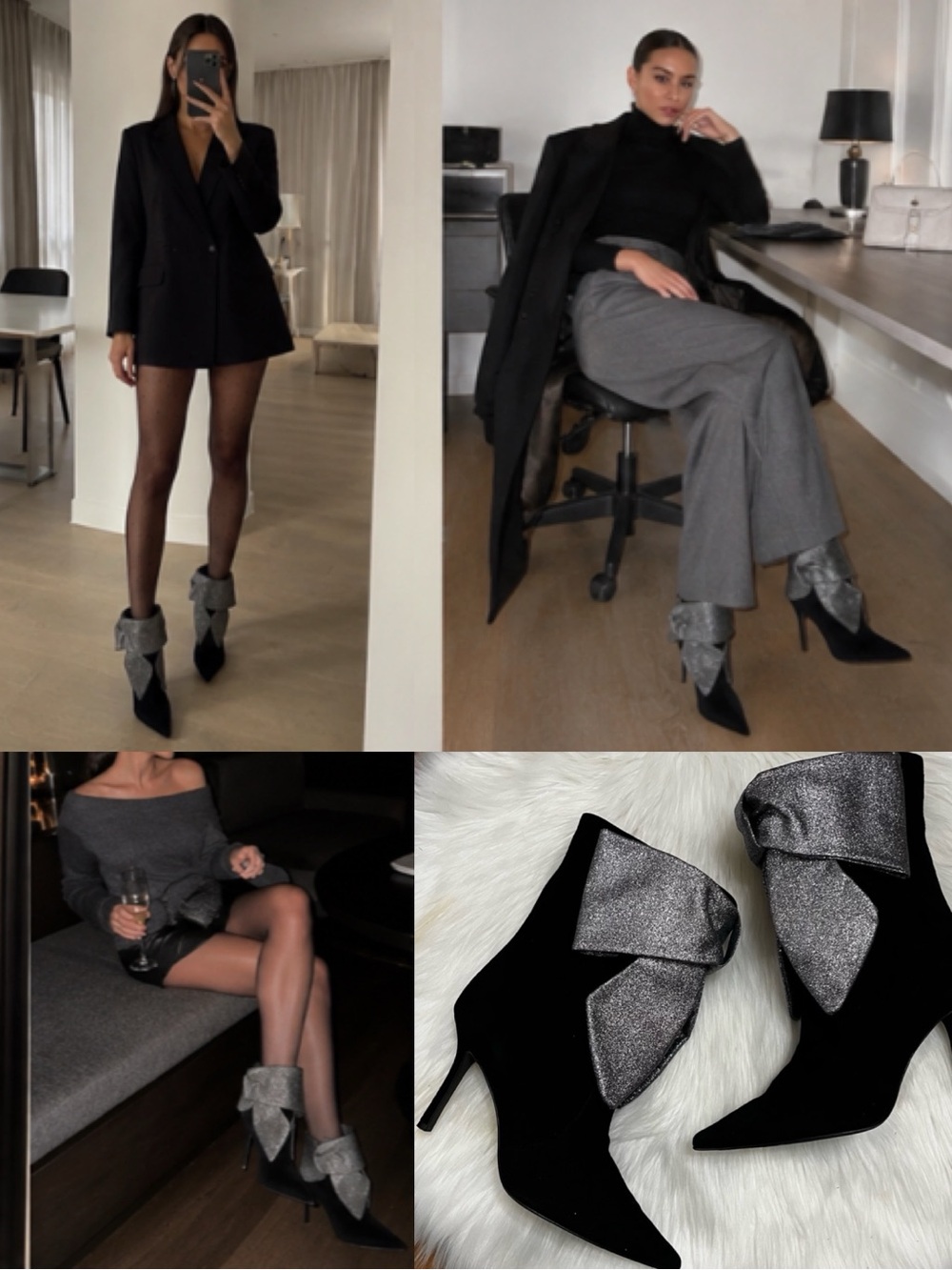 $890 | Domenico Vacca Black Suede Stiletto Glitter Bow Heel Boots sz. 10